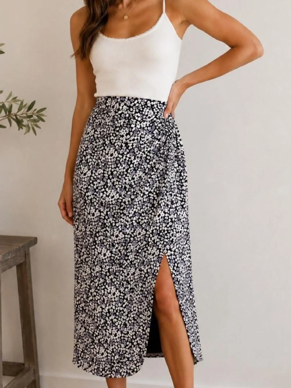Abercrombie Floral Split Midi Skirt in Black and White